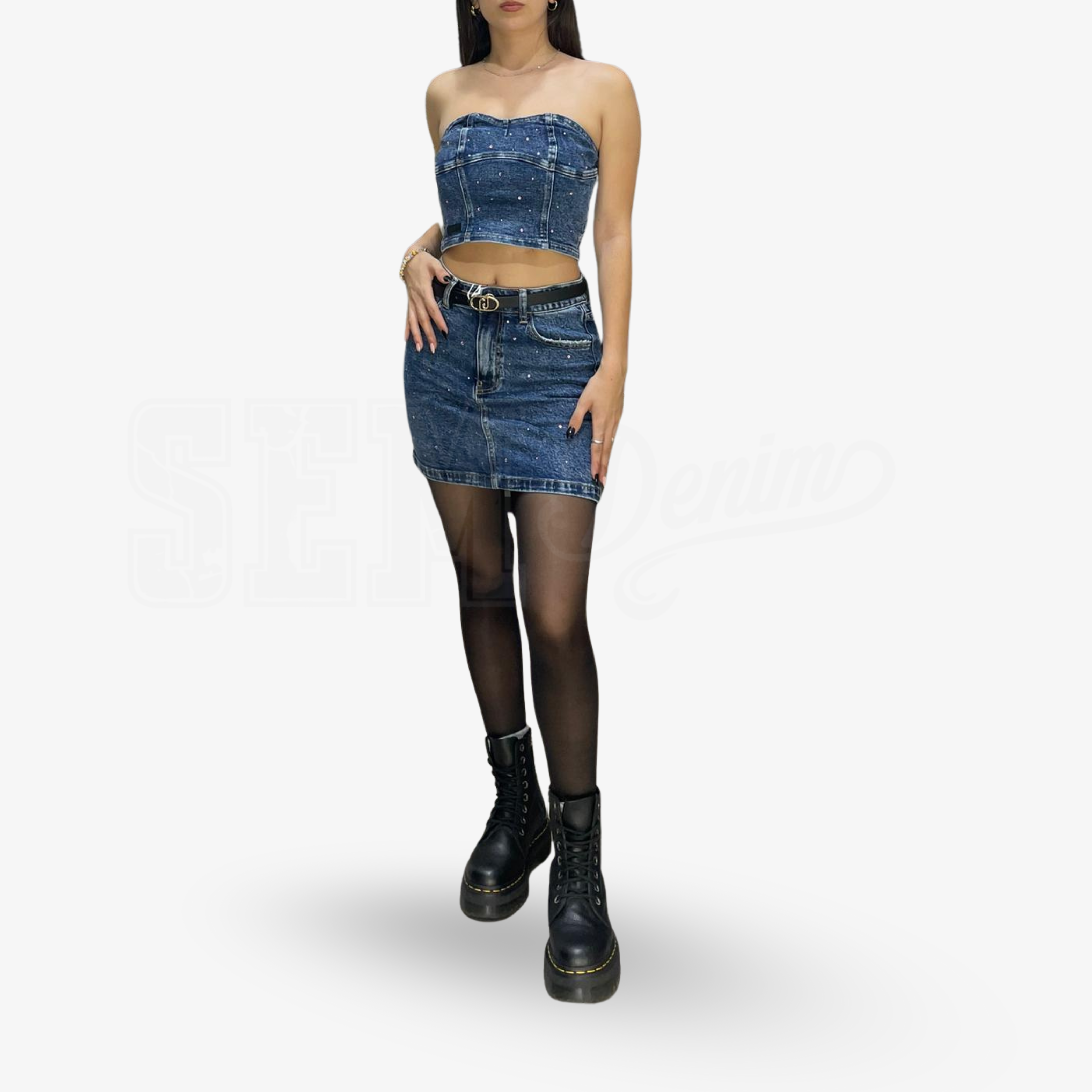 COORDINATO SEM ALESSIA MINIGONNA E TOP DENIM STRASS ROSATO